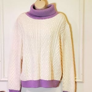 Tularosa Chunky Cream & Lavender Cable Knit Turtleneck Sweater, Size X-Large